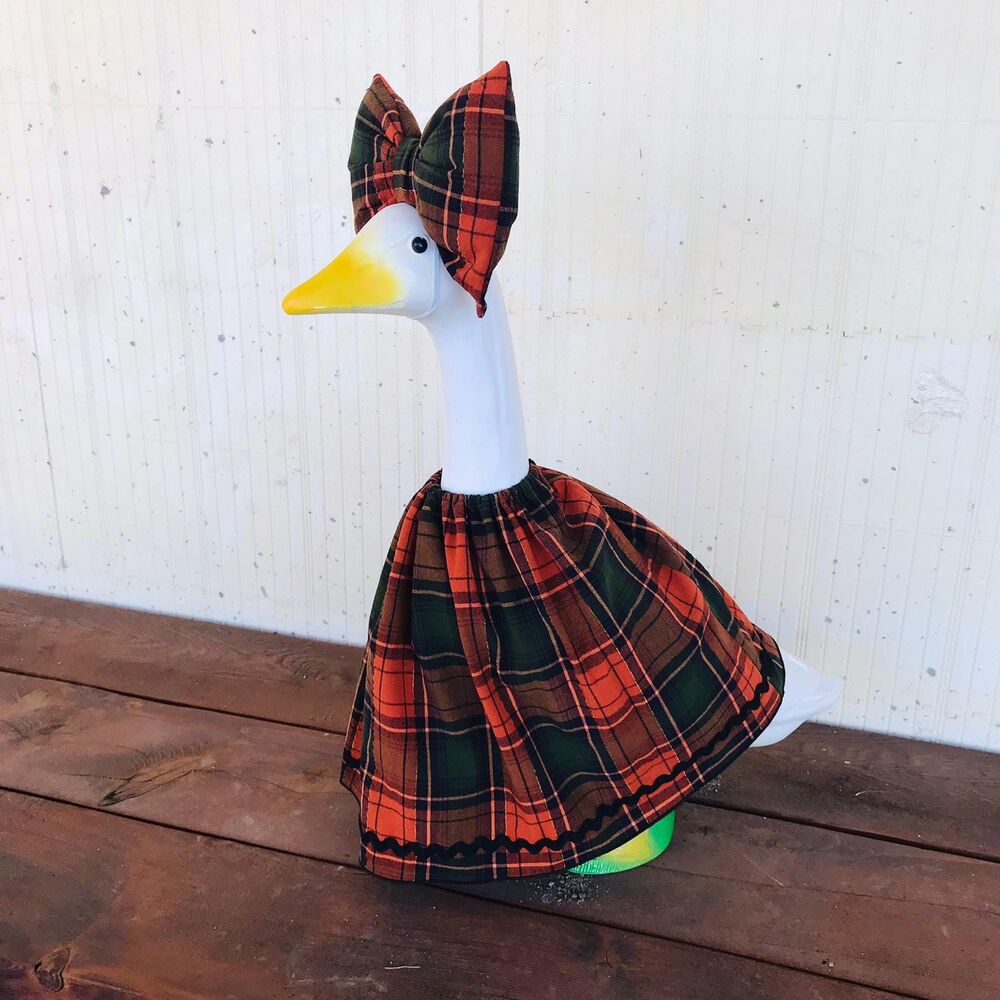 Porch Goose Dress & Bow Outfit For 18-23" Goose Handmade Fall Orange Black Plaid - Picture 12 of 13